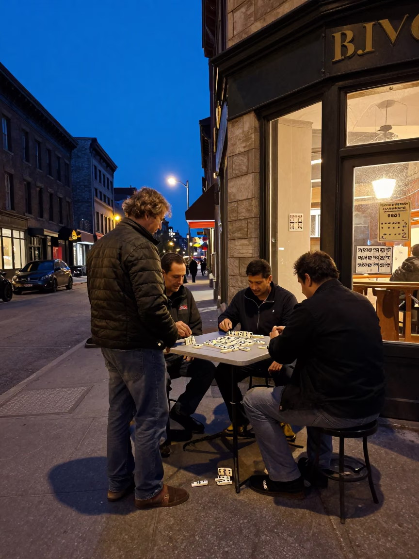 Montreal Quebec Canada Twilight Street Scene with Dominoes and Slippers in in Montreal, Quebec, Canada