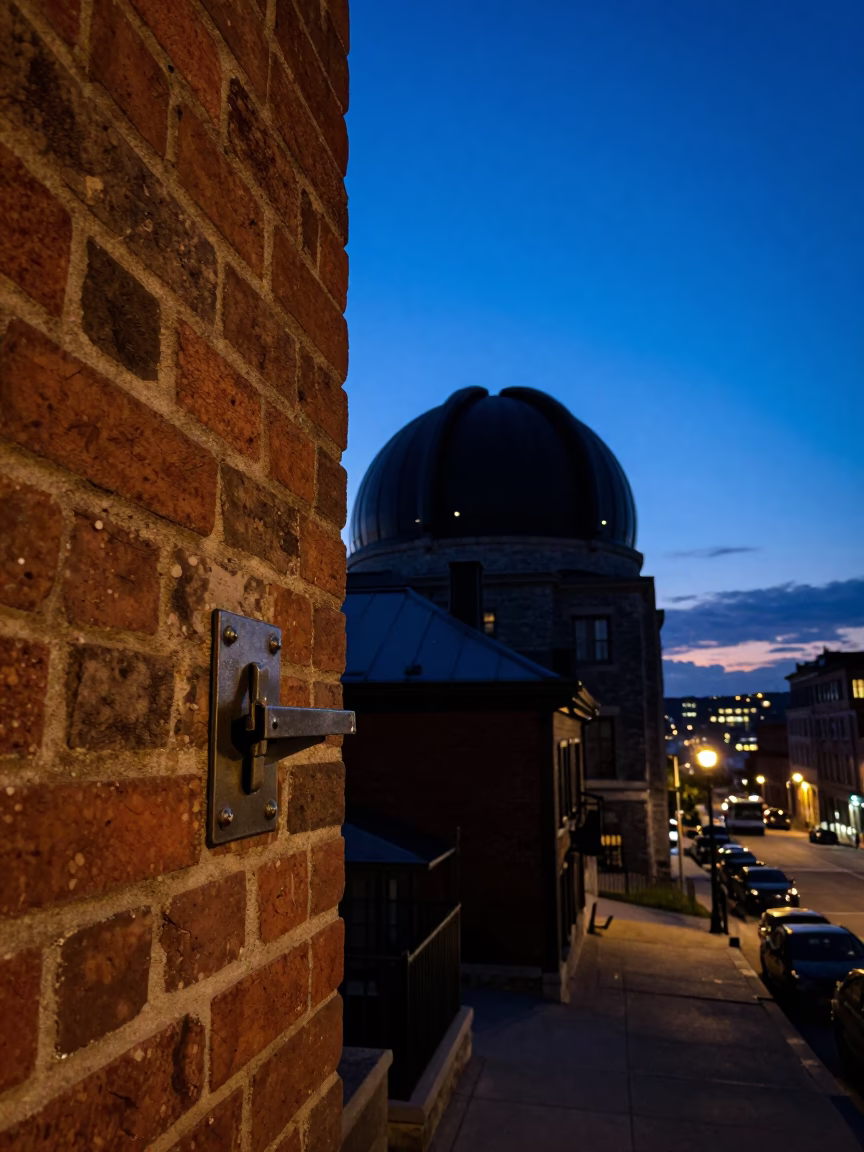 Montreal Quebec Canada Twilight Street Scene with Observatory Dome Silhouette and Latch Detail in in Montreal, Quebec, Canada