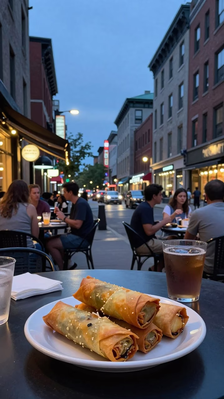 Montreal Quebec Canada Twilight Street Scene with Outdoor Dining and Urban Architecture in in Montreal, Quebec, Canada