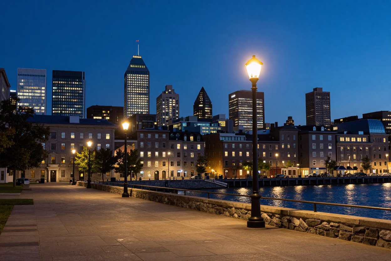 Montreal Quebec City Lights Glow Over Historic Old Port District at Dusk in in Montreal, Quebec, Canada