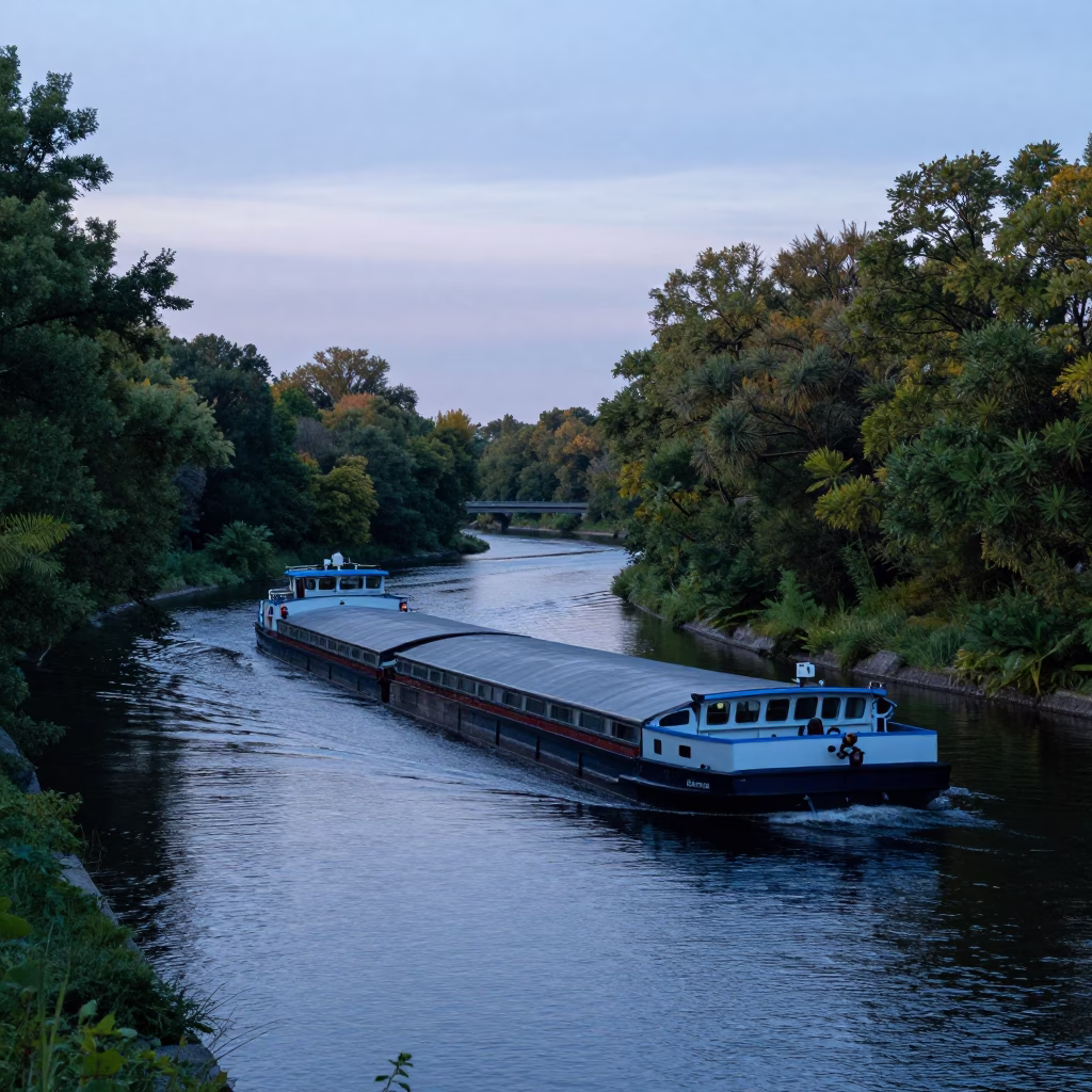 Montreal Quebec Dawn Canal Barge Navigating Bend Tree Lined Waterway in in Montreal, Quebec, Canada