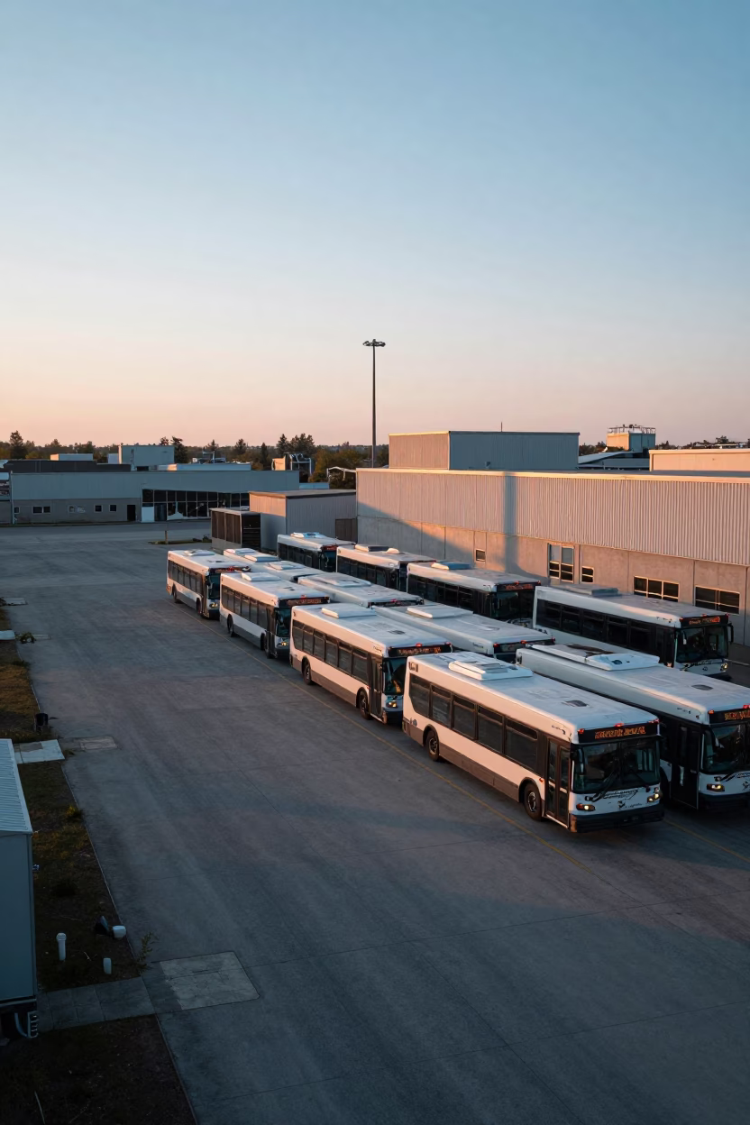 Montreal Quebec Dawn Hydrogen Bus Depot Industrial Landscape First Light in in Montreal, Quebec, Canada