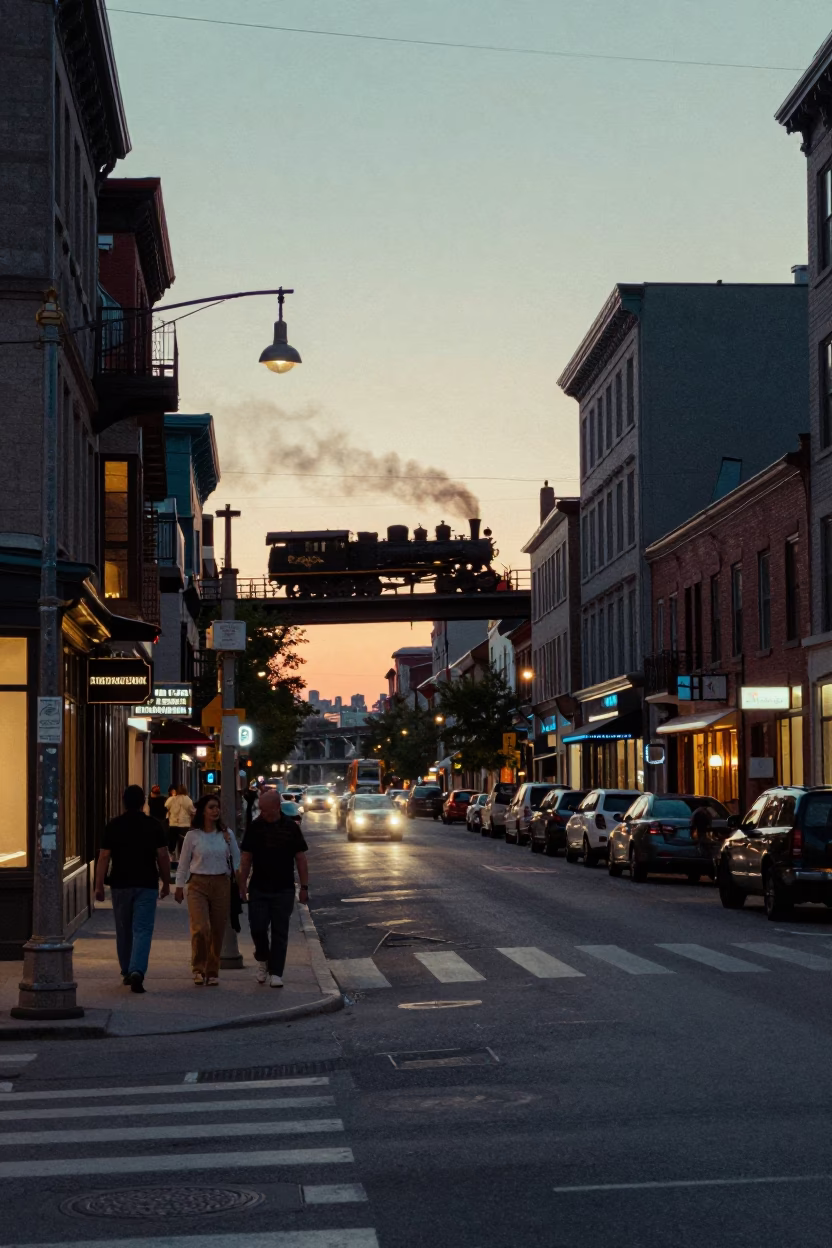 Montreal Quebec Dawn Street Scene with Vintage 1950s Aesthetic and Local Details in in Montreal, Quebec, Canada