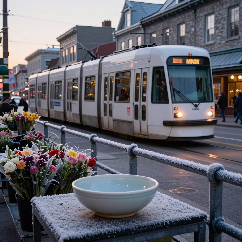 Montreal Quebec Dawn Tram at Flower Market with Ceramic Bowl and Garlic Bulbs in in Montreal, Quebec, Canada