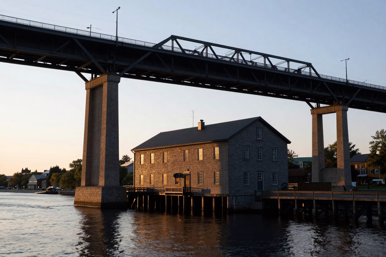 Montreal Quebec Drawbridge Counterweight House Above Black Tidal Channel Just After Sunrise in in Montreal, Quebec, Canada