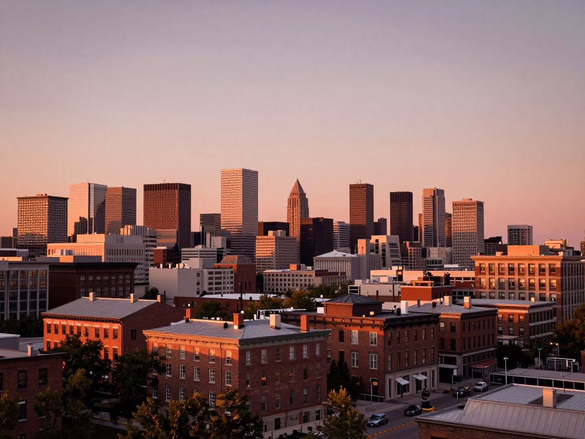 Montreal Quebec Dusk View of Old Port Historic Brick Buildings and River Horizon in in Montreal, Quebec, Canada