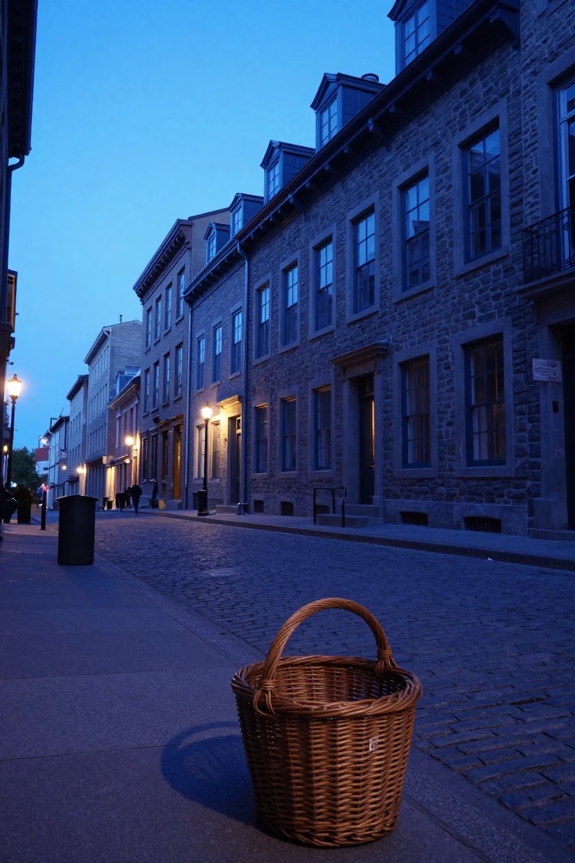 Montreal Quebec Evening Blue Light Street Scene with Wicker Basket and Linen Napkin in in Montreal, Quebec, Canada