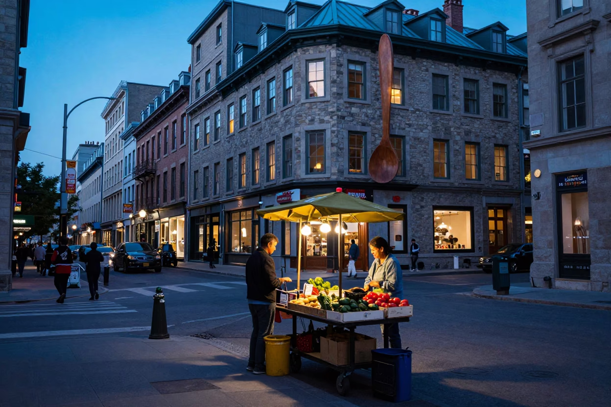 Montreal Quebec Evening Street Scene with Olive Wood Spoon and Tailor Shears in in Montreal, Quebec, Canada