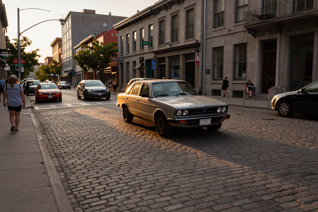 Montreal Quebec Evening Street Scene with Vintage Cars and Urban Architecture in Honeyed Light in in Montreal, Quebec, Canada
