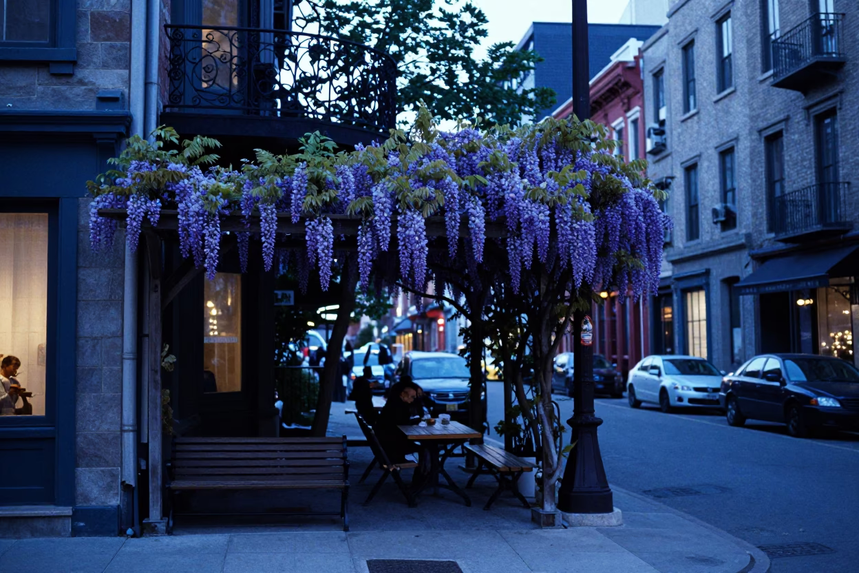 Montreal Quebec Evening Street Scene with Wisteria Pergola and Urban Details in in Montreal, Quebec, Canada