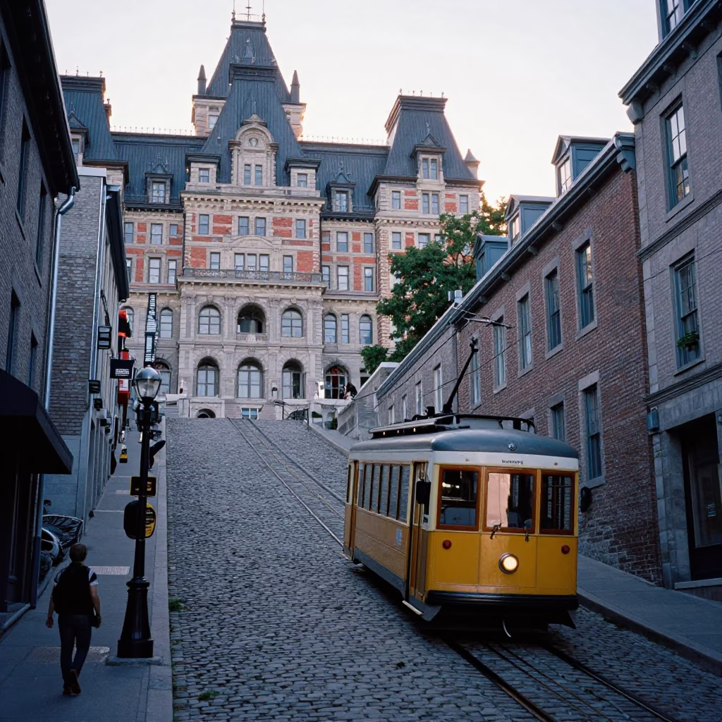 Montreal Quebec Funicular Ascending Hill in Early Morning Light in in Montreal, Quebec, Canada