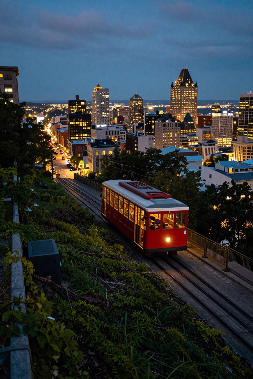 Montreal Quebec Funicular Climbing Steep Hill Amidst City Lights at Dusk in in Montreal, Quebec, Canada