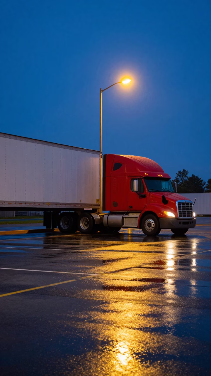 Montreal Quebec Indigo Twilight Loading Dock Semi Trailer and Wet Pavement Reflections in in Montreal, Quebec, Canada