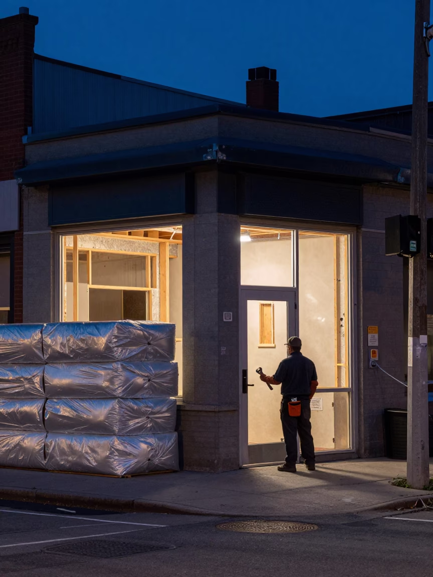 Montreal Quebec indigo twilight street scene with insulation stack and adjustable spanner in in Montreal, Quebec, Canada