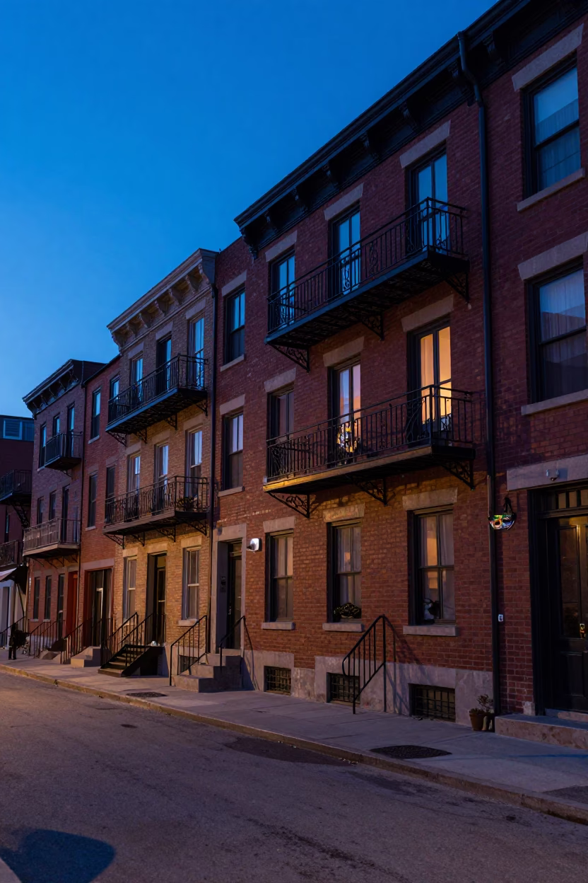 Montreal Quebec Indigo Twilight Street Scene with Mardi Gras Mask on Balcony in in Montreal, Quebec, Canada