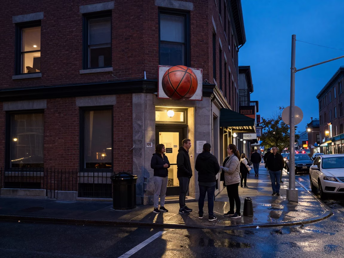 Montreal Quebec Indigo Twilight Street Scene with Old Leather Basketball and Urban Life in in Montreal, Quebec, Canada