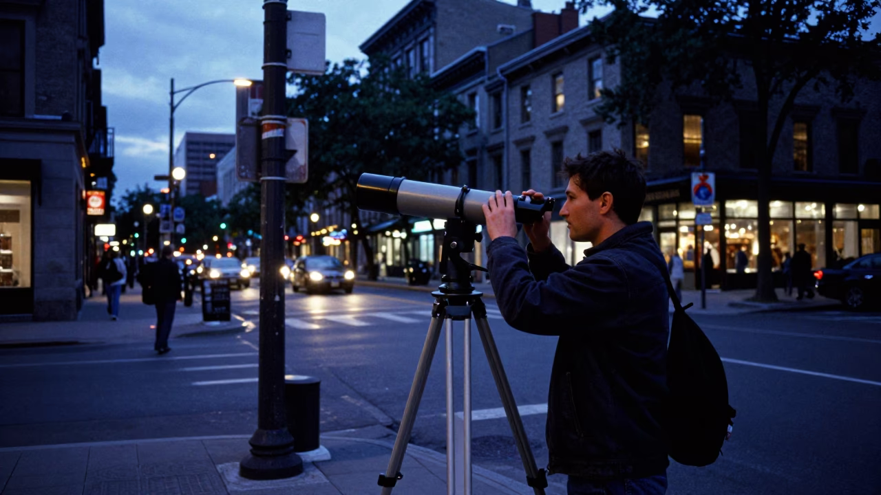 Montreal Quebec Indigo Twilight Street Scene with Telescope and Urban Life in in Montreal, Quebec, Canada