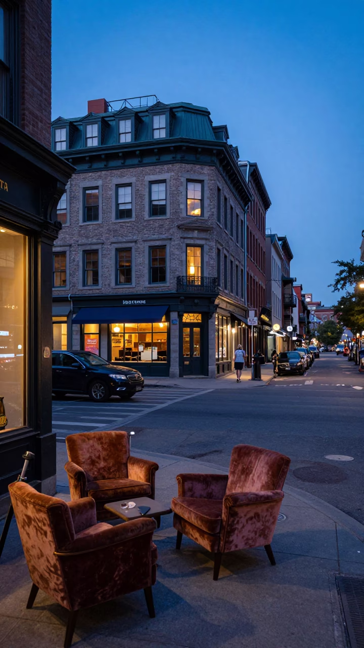 Montreal Quebec Indigo Twilight Street Scene with Vintage Armchairs and Neon Signs in in Montreal, Quebec, Canada