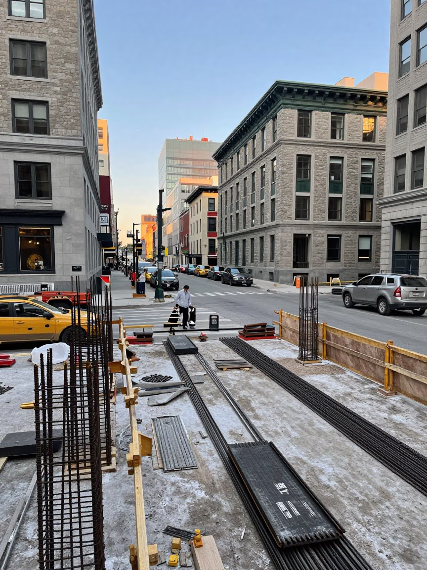 Montreal Quebec Late Morning Construction Site with Rebar and Weather Station Details in in Montreal, Quebec, Canada