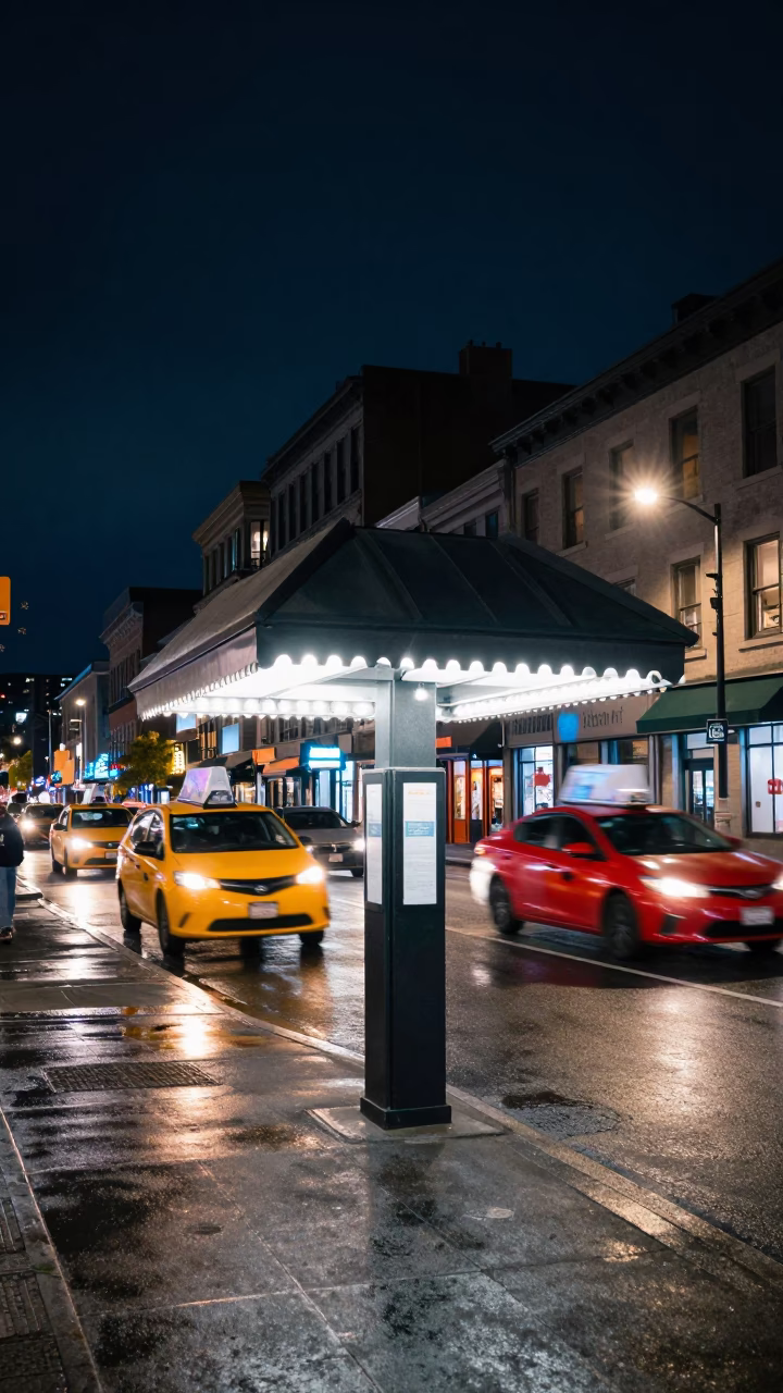Montreal Quebec Night Scene with Valet Stand Hotel Awnings and Headlight Streaks in in Montreal, Quebec, Canada