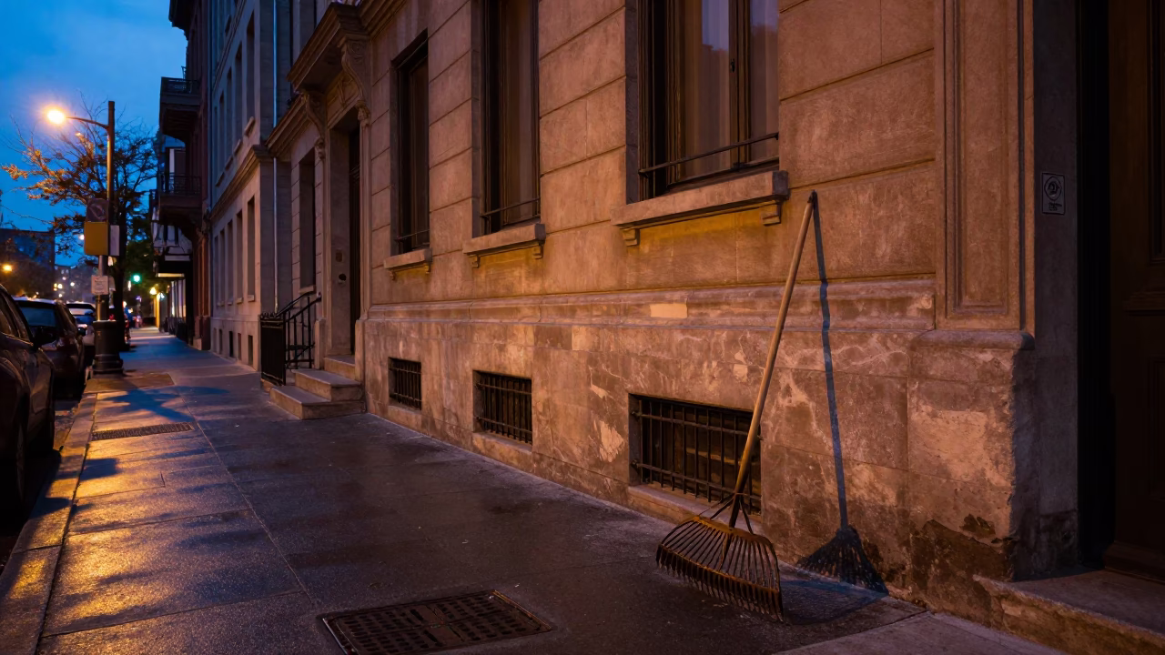 Montreal Quebec Predawn Street Scene with Vintage Rake and Urban Details in in Montreal, Quebec, Canada