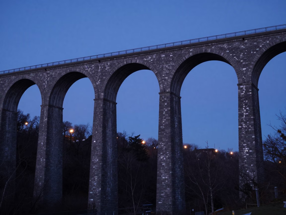 Montreal Quebec Railway Viaduct Arches Spanning Valley Before Dawn in in Montreal, Quebec, Canada