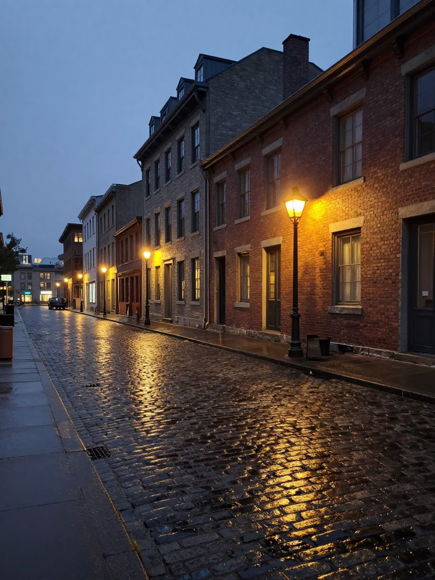 Montreal Quebec Street Scene at Dusk with Cobblestones and Brick Facades in in Montreal, Quebec, Canada