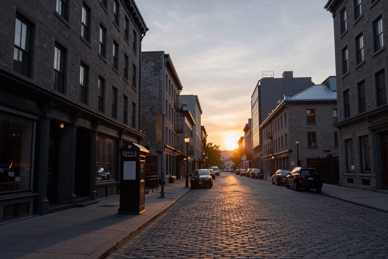Montreal Quebec Street Scene at Dusk with Hotel Valet and Urban Architecture in in Montreal, Quebec, Canada