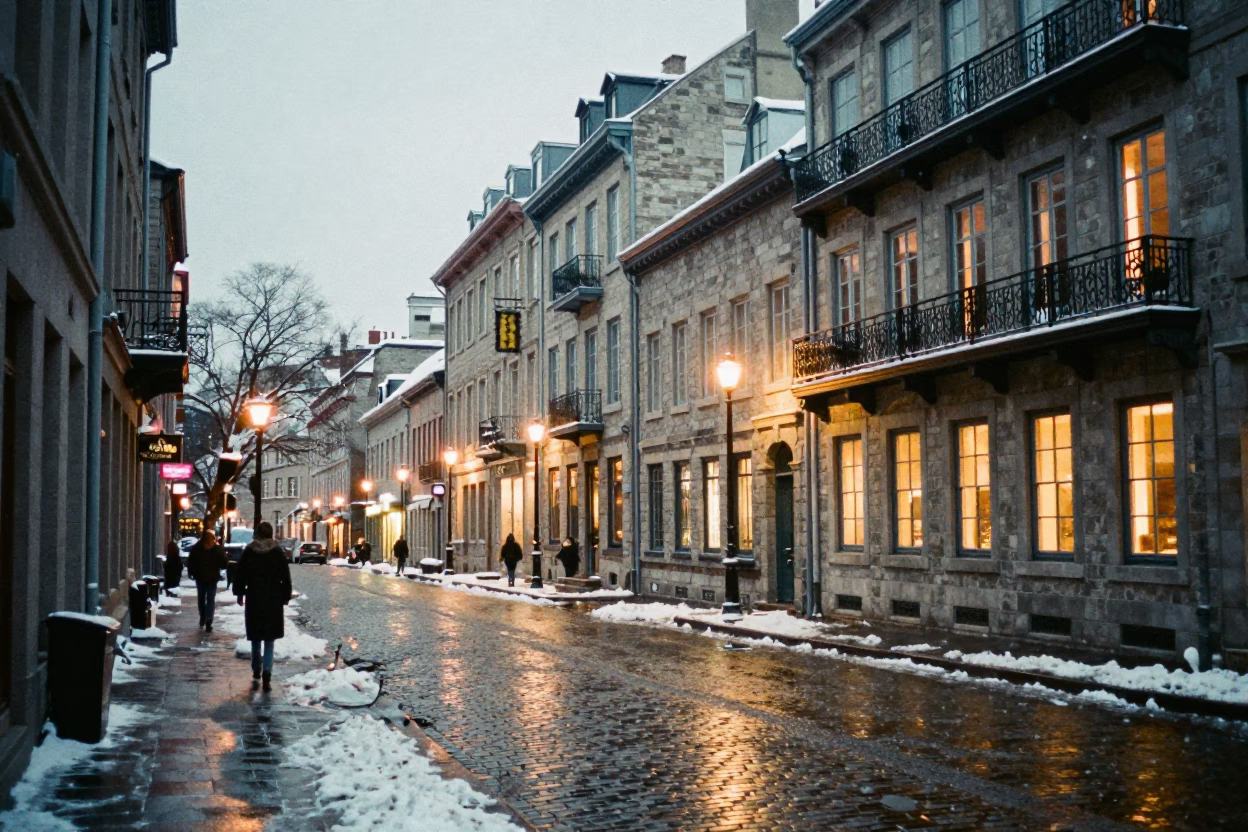 Montreal Quebec Street Scene at Dusk with Snow and Urban Architecture in in Montreal, Quebec, Canada
