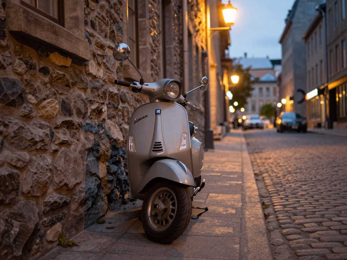 Montreal Quebec Street Scene at Dusk with Vintage Vespa and Cobblestone Lane in in Montreal, Quebec, Canada