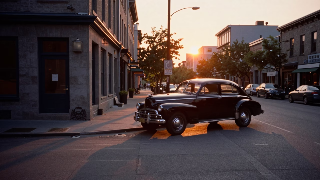Montreal Quebec Street Scene at Sunset with Vintage Car and City Skyline in in Montreal, Quebec, Canada