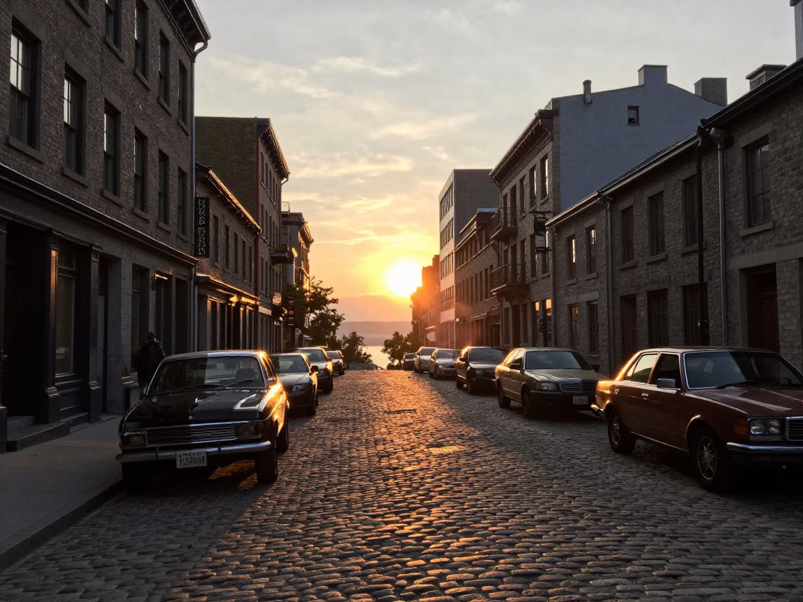 Montreal Quebec Street Scene at Sunset with Vintage Cars and Urban Life in in Montreal, Quebec, Canada