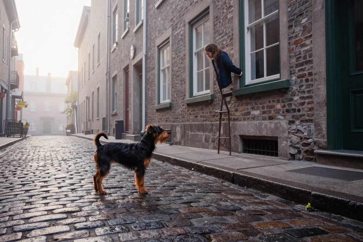 Montreal Quebec Street Scene Before Sunrise with Affenpinscher and Vintage Enamel Bowls in in Montreal, Quebec, Canada