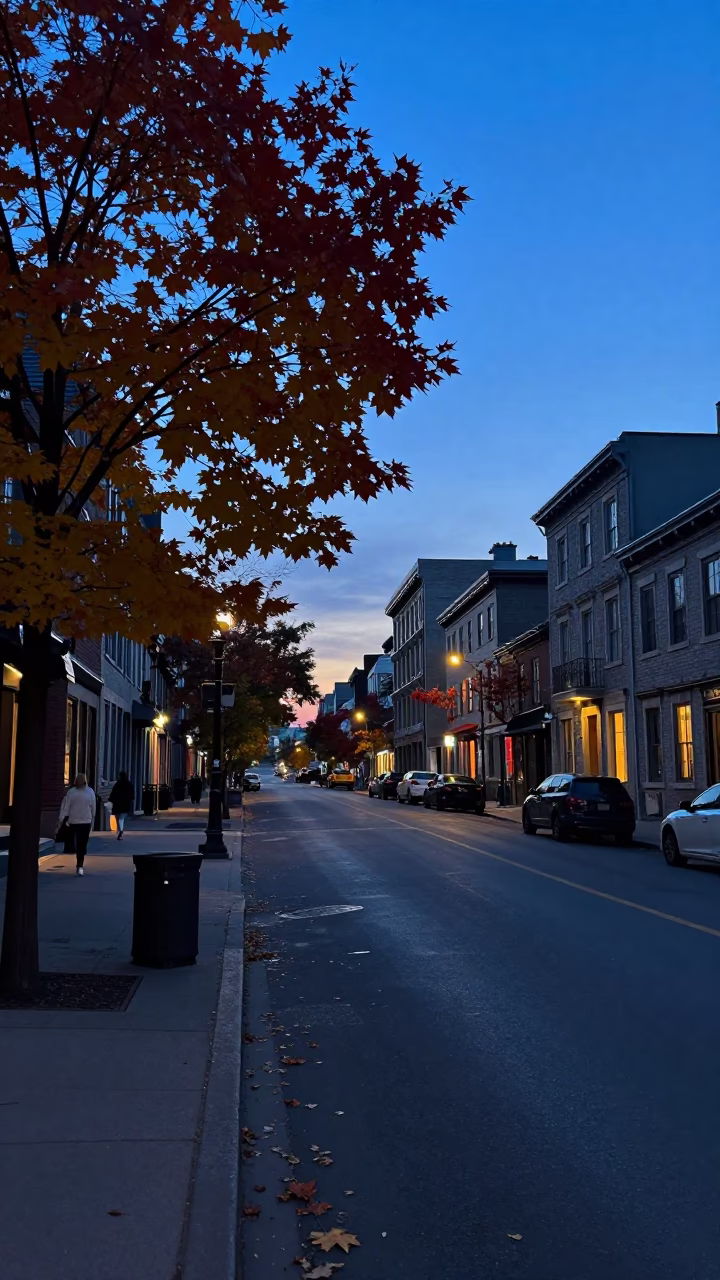 Montreal Quebec Street Scene Before Sunrise with Autumn Maple Leaves and Urban Architecture in in Montreal, Quebec, Canada