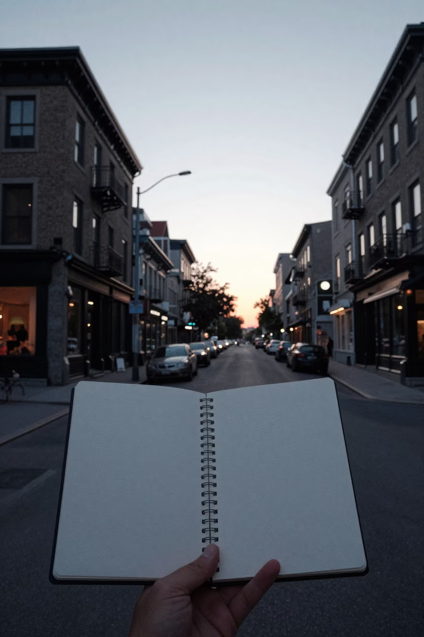 Montreal Quebec Street Scene Before Sunrise with Blank Notebooks and Coffee in in Montreal, Quebec, Canada