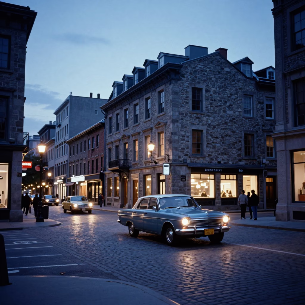 Montreal Quebec Street Scene During Blue Hour with Vintage 1960s Aesthetic and Local Architecture in in Montreal, Quebec, Canada