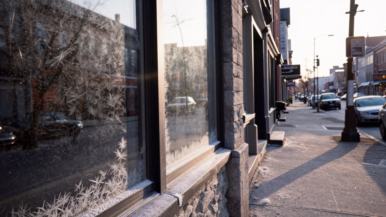 Montreal Quebec Street Scene Just After Sunrise with Frost Patterns and Urban Details in in Montreal, Quebec, Canada