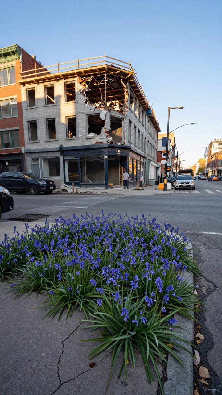 Montreal Quebec Street Scene Late Afternoon Demolition Site with Bluebells and Vintage Details in in Montreal, Quebec, Canada