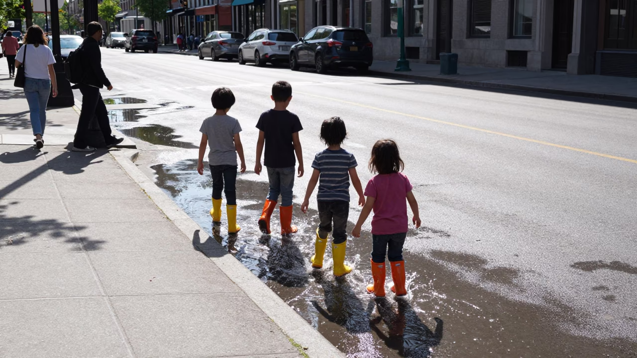 Montreal Quebec Street Scene Under Flat Noon Light with Children Playing in Puddles in in Montreal, Quebec, Canada