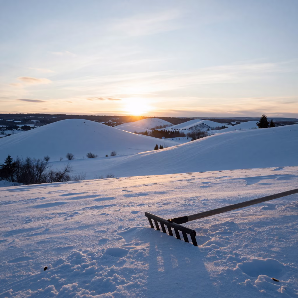 Montreal Quebec Sunrise Over Snowy Hills with Rake and Peg Basket in in Montreal, Quebec, Canada