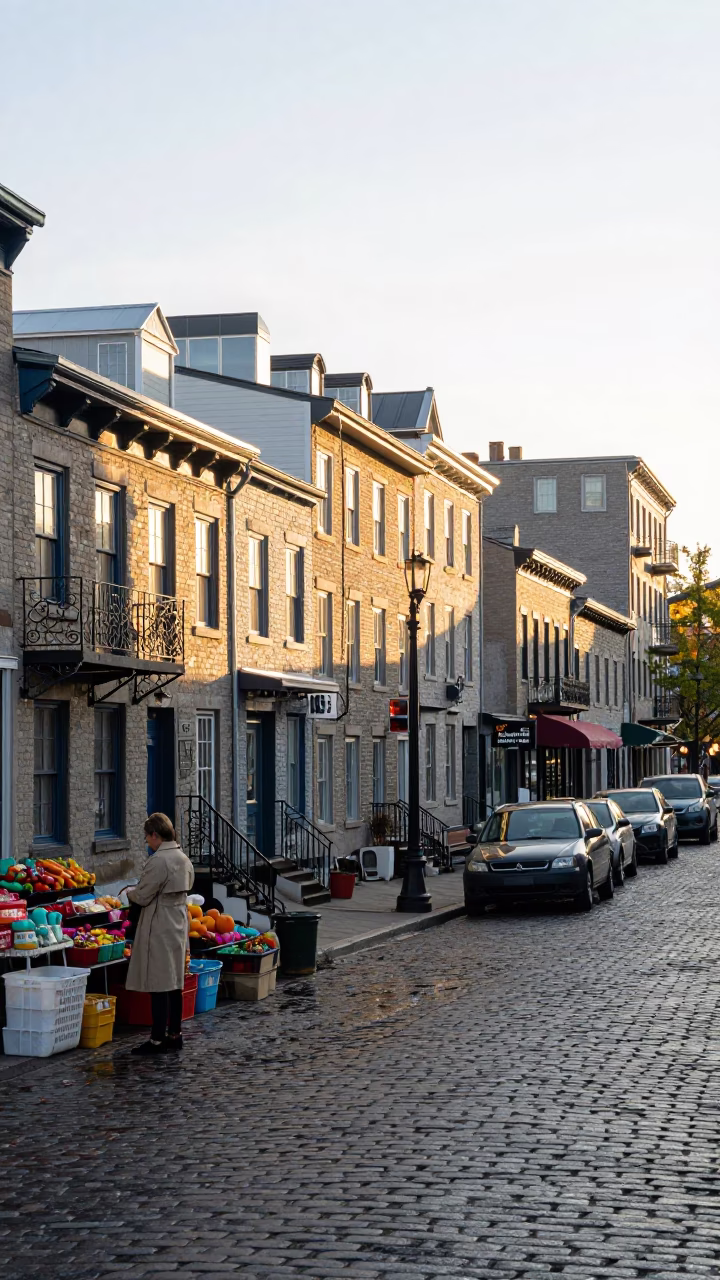 Montreal Quebec Sunrise Street Scene with Local Market Goods and Urban Life in in Montreal, Quebec, Canada
