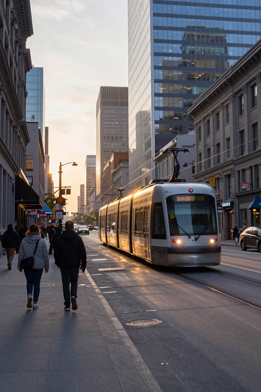 Montreal Quebec Sunrise Street Scene with Monorail and Urban Life in in Montreal, Quebec, Canada