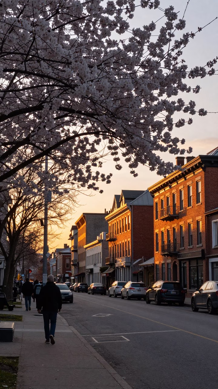 Montreal Quebec Sunset Street Scene with Cherry Blossoms and Urban Life in in Montreal, Quebec, Canada
