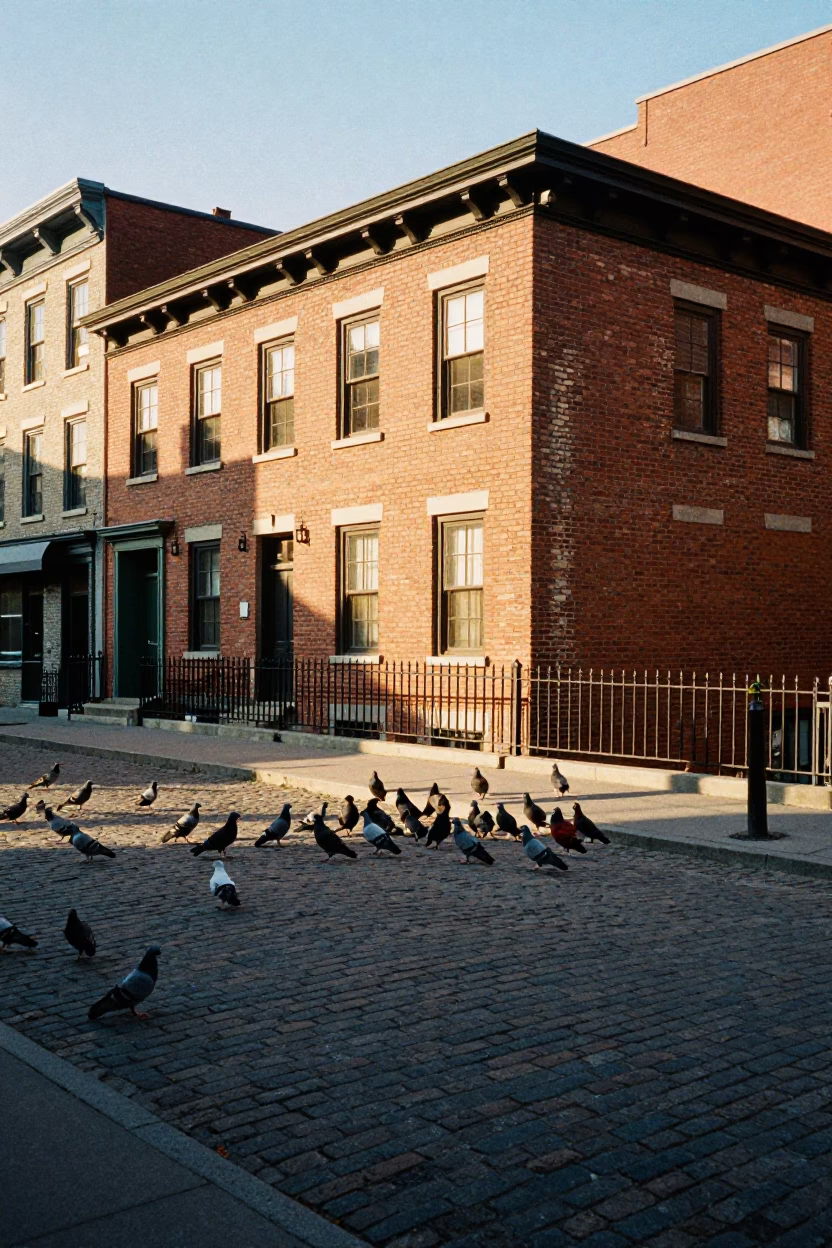 Montreal Quebec Sunset Street Scene with Pigeons and Brick Architecture in in Montreal, Quebec, Canada
