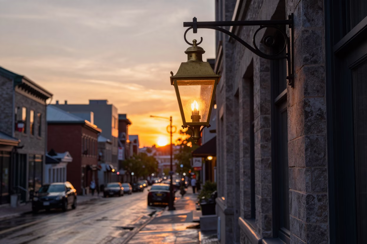 Montreal Quebec Sunset Street Scene with Vintage Lantern and Local Life in in Montreal, Quebec, Canada