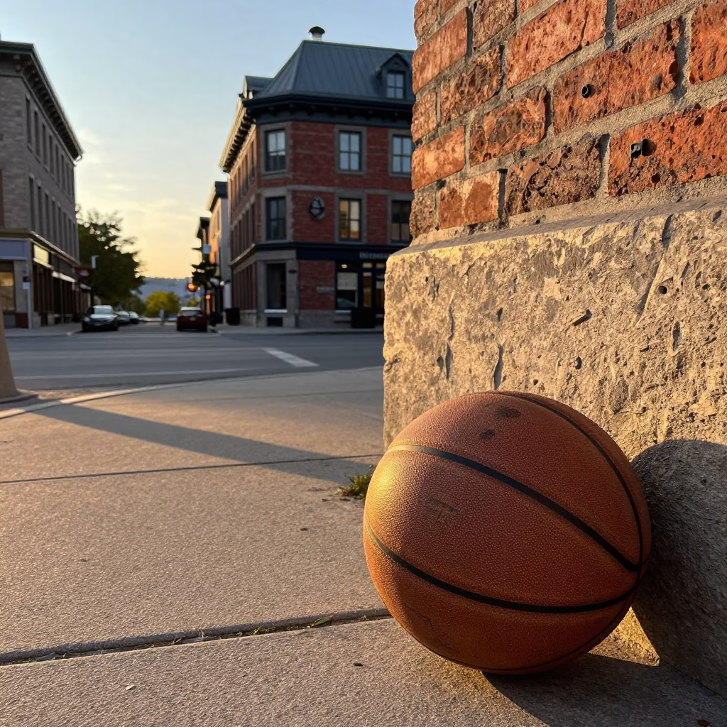 Montreal Quebec Sunset Street Scene with Vintage Leather Basketball and Water Bottle in in Montreal, Quebec, Canada