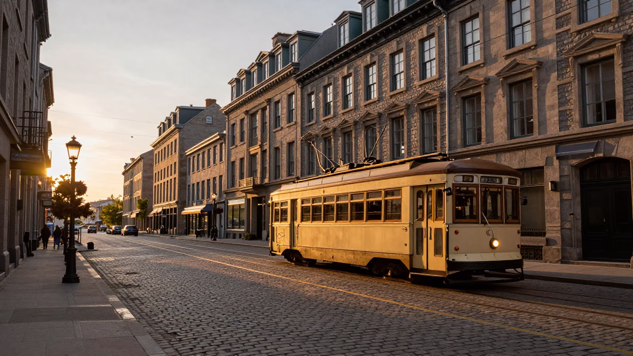 Montreal Quebec Sunset Street Scene with Vintage Tram and Historic Architecture in in Montreal, Quebec, Canada