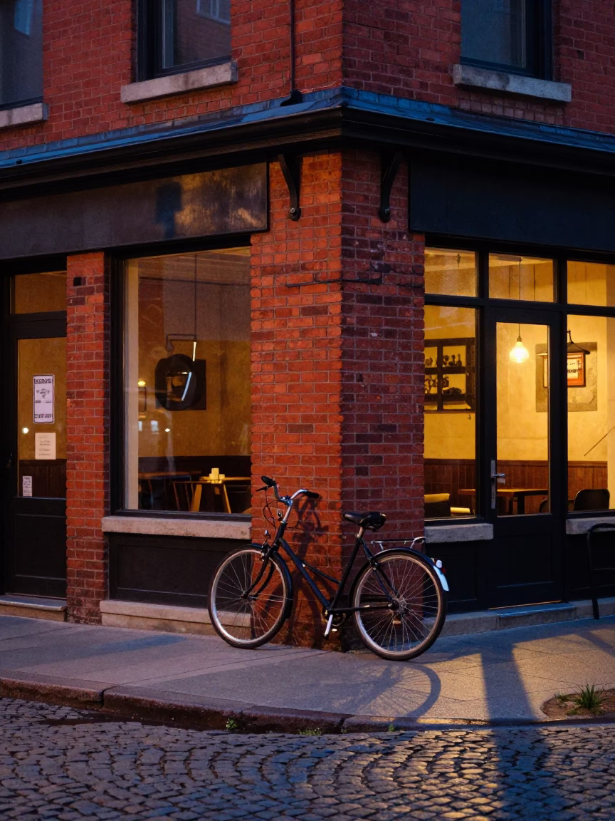 Montreal Quebec Twilight Street Scene with Bicycle Leaning Against Brick Cafe Facade in in Montreal, Quebec, Canada