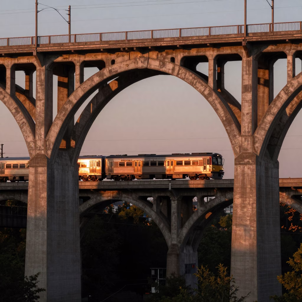 Montreal Railway Viaduct Arches Passing Train Copper Dusk Light 1970s Realistic Photograph in in Montreal, Quebec, Canada