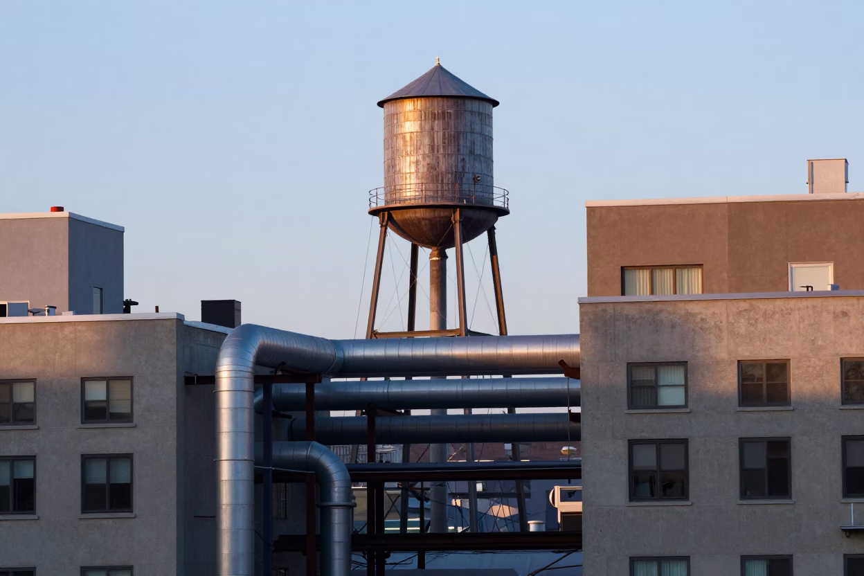 Montreal Rooftop District Heating Pipes and Water Tower at First Light in in Montreal, Quebec, Canada